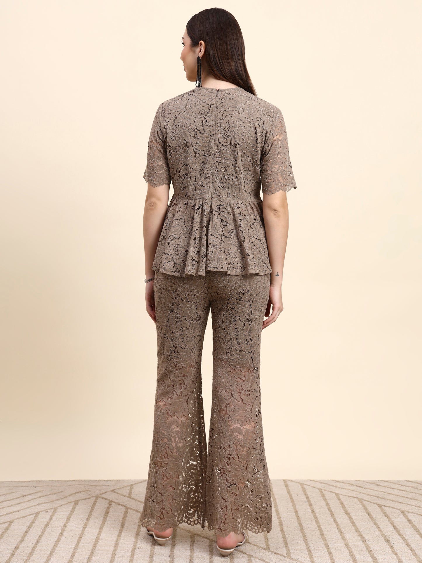 Ariya Threads Lace Peplum Co-ord Set (Taupe Beige)