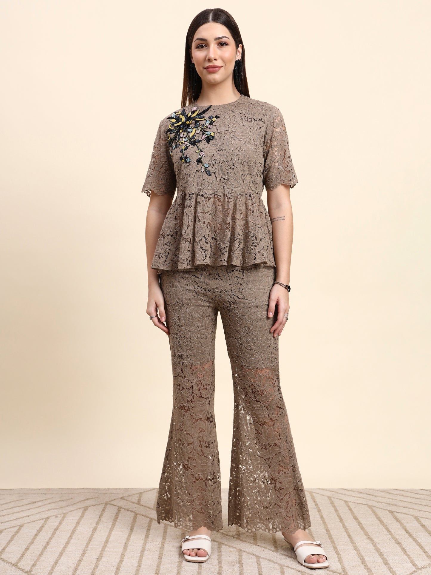 Ariya Threads Lace Peplum Co-ord Set (Taupe Beige)
