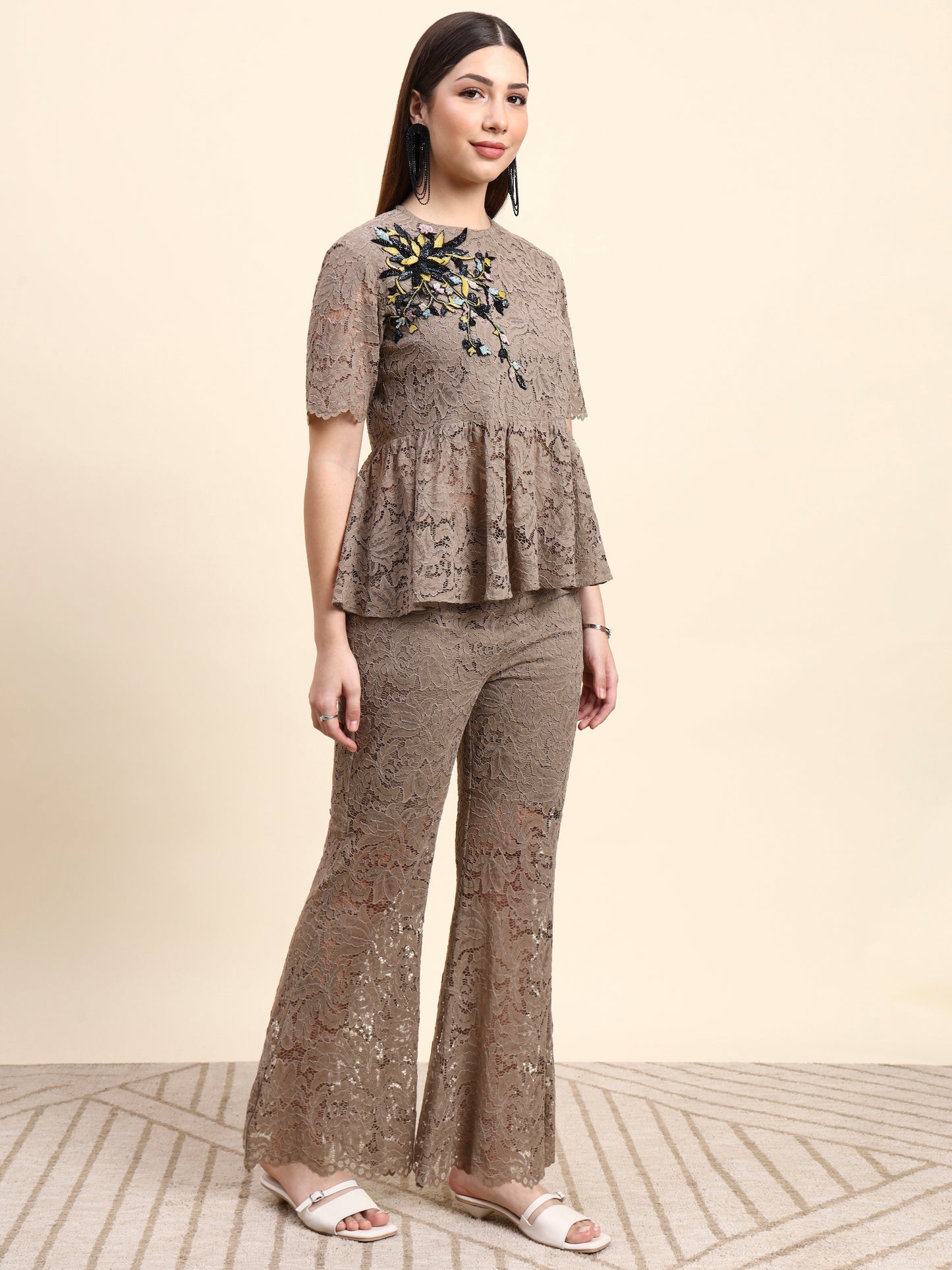 Ariya Threads Lace Peplum Co-ord Set (Taupe Beige)