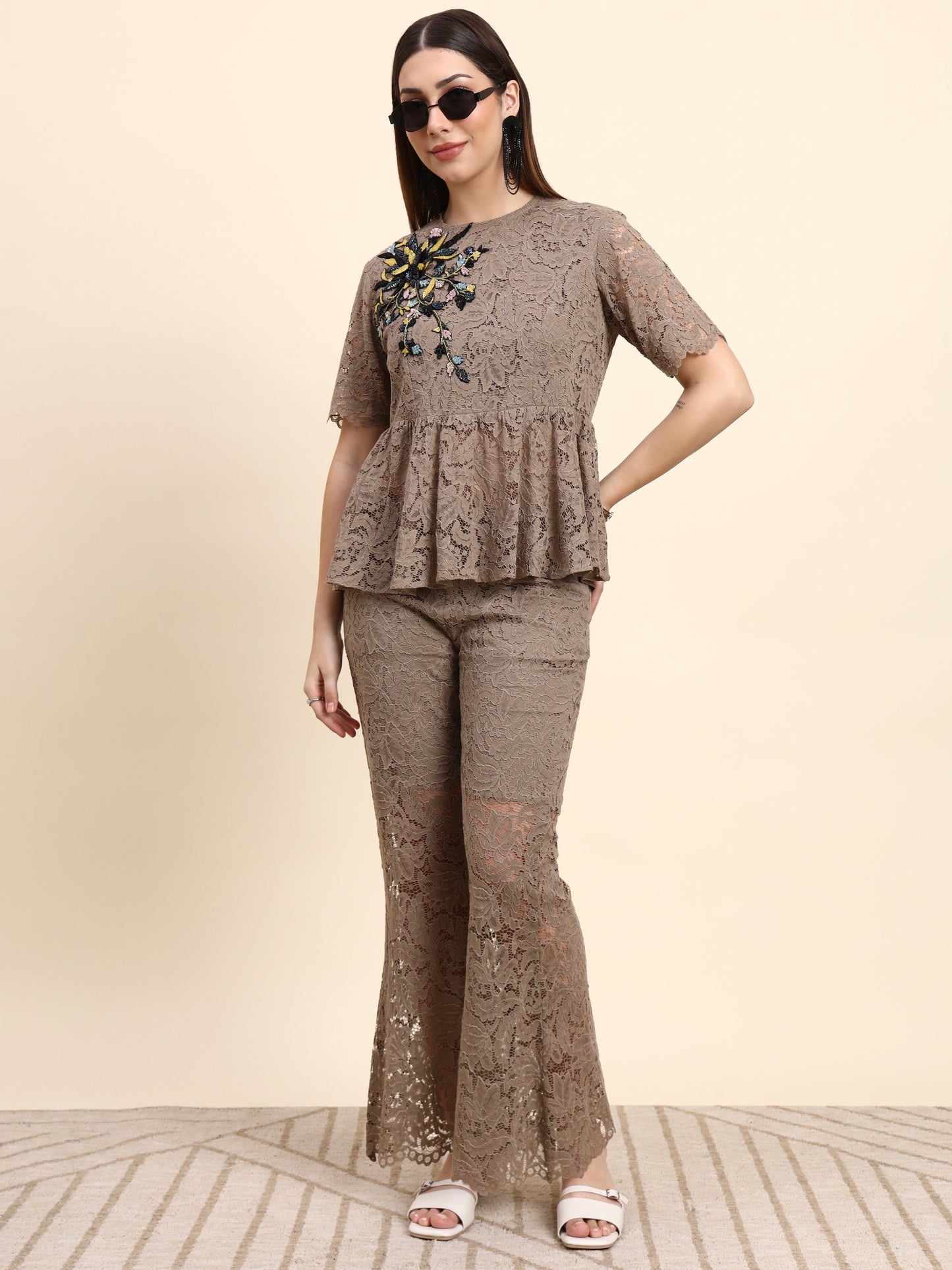 Ariya Threads Lace Peplum Co-ord Set (Taupe Beige)