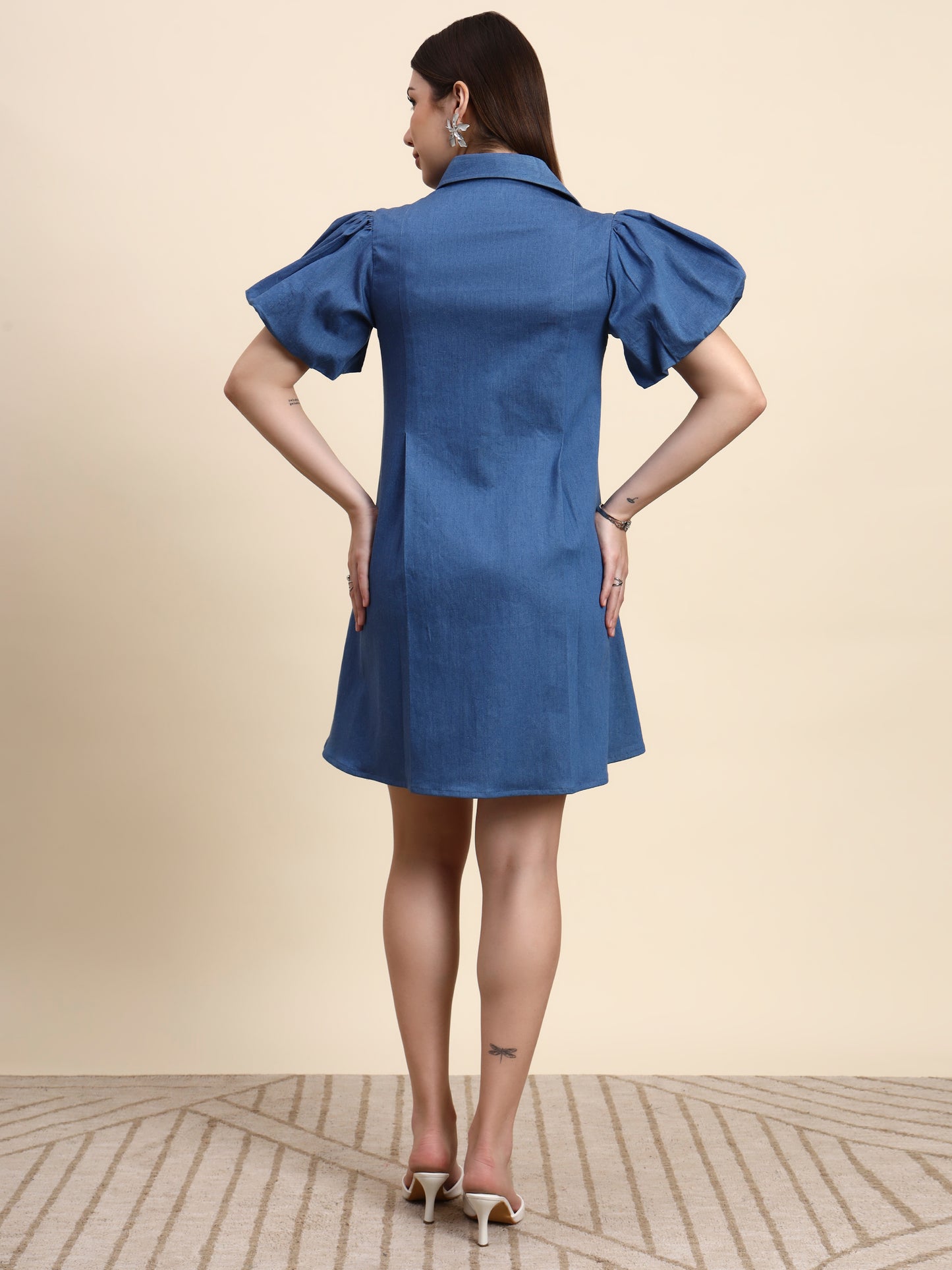 Ariya Threads Sky Blue Puff Sleeve Denim Shirt Dress