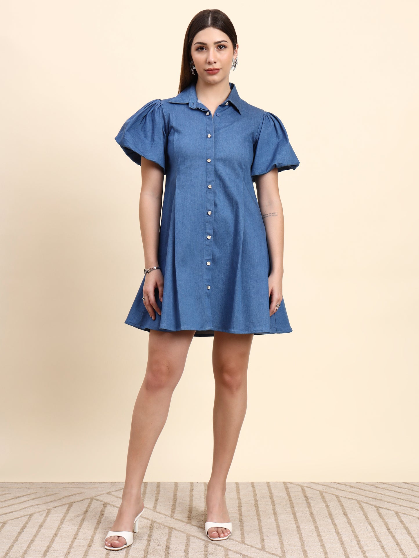 Ariya Threads Sky Blue Puff Sleeve Denim Shirt Dress