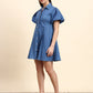 Ariya Threads Sky Blue Puff Sleeve Denim Shirt Dress