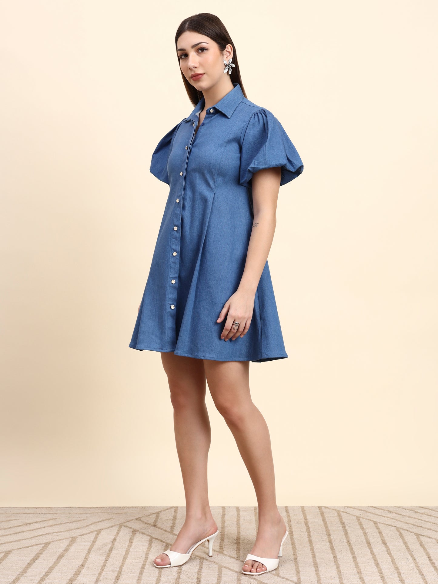 Ariya Threads Sky Blue Puff Sleeve Denim Shirt Dress