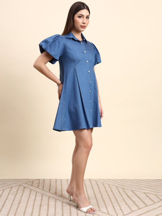 Ariya Threads Sky Blue Puff Sleeve Denim Shirt Dress
