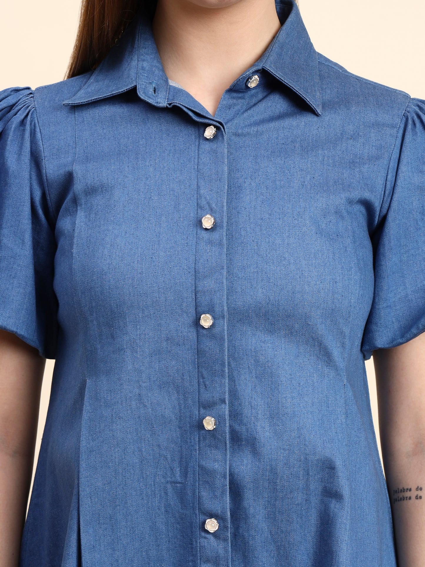 Ariya Threads Sky Blue Puff Sleeve Denim Shirt Dress