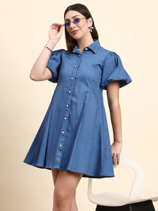 Ariya Threads Sky Blue Puff Sleeve Denim Shirt Dress