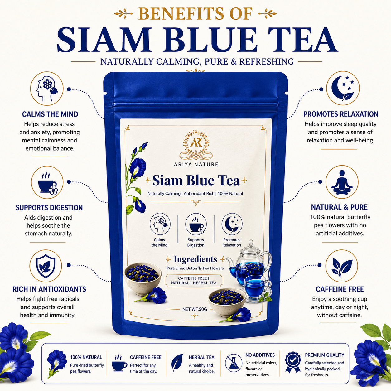 Ariya Nature Siam Blue Tea 50g | Premium Butterfly Pea Flower Herbal Tea