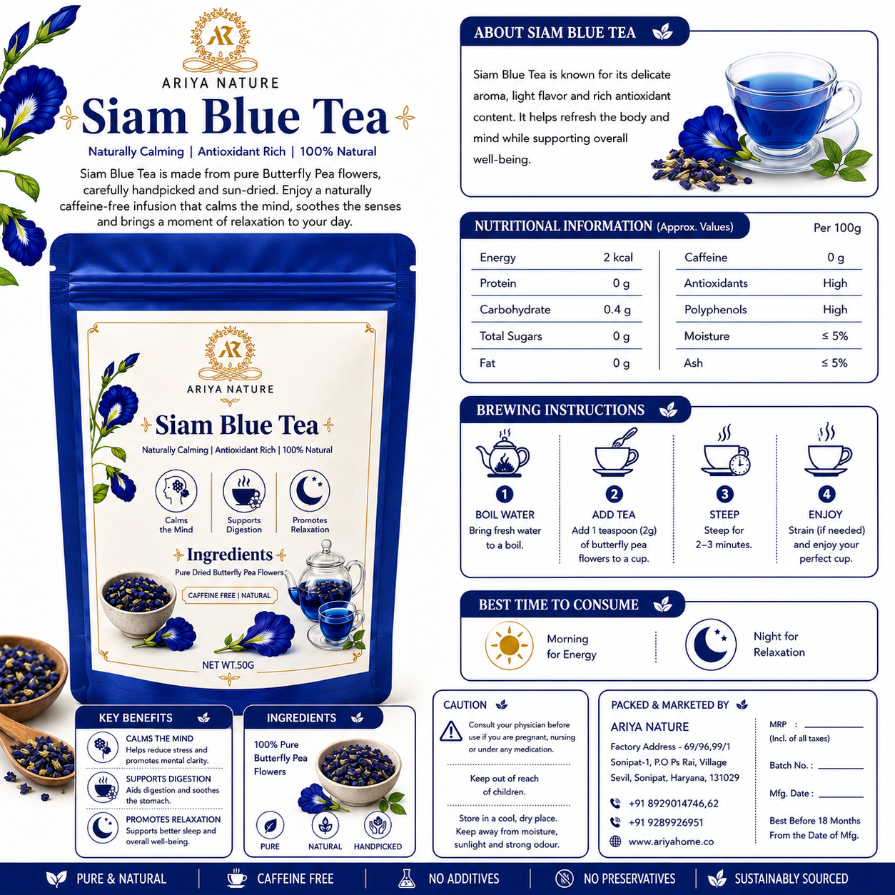 Ariya Nature Siam Blue Tea 50g | Premium Butterfly Pea Flower Herbal Tea
