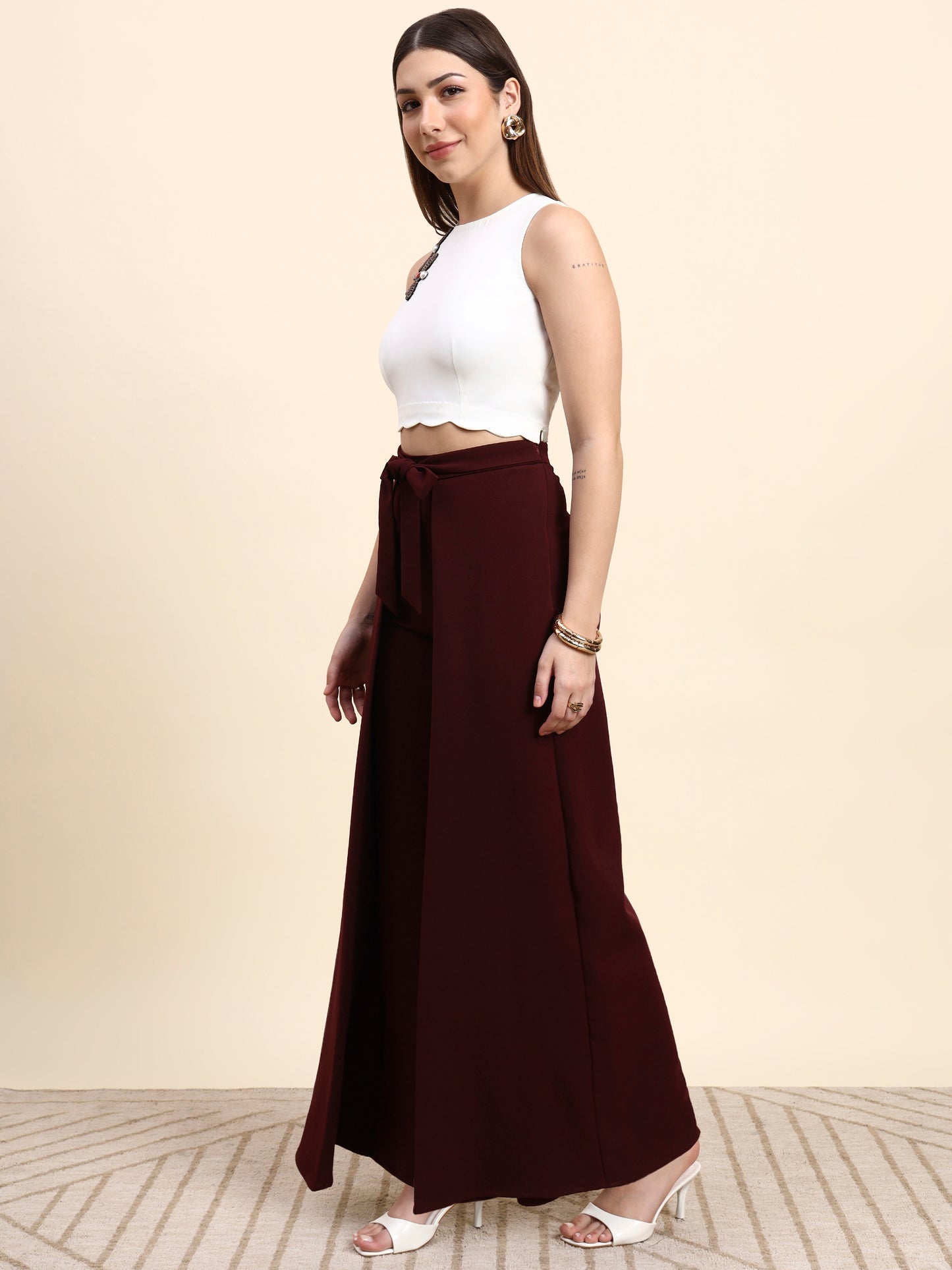 Ariya Threads Eclipse Wine Wide-Leg Co-ord Set (White & Wine)