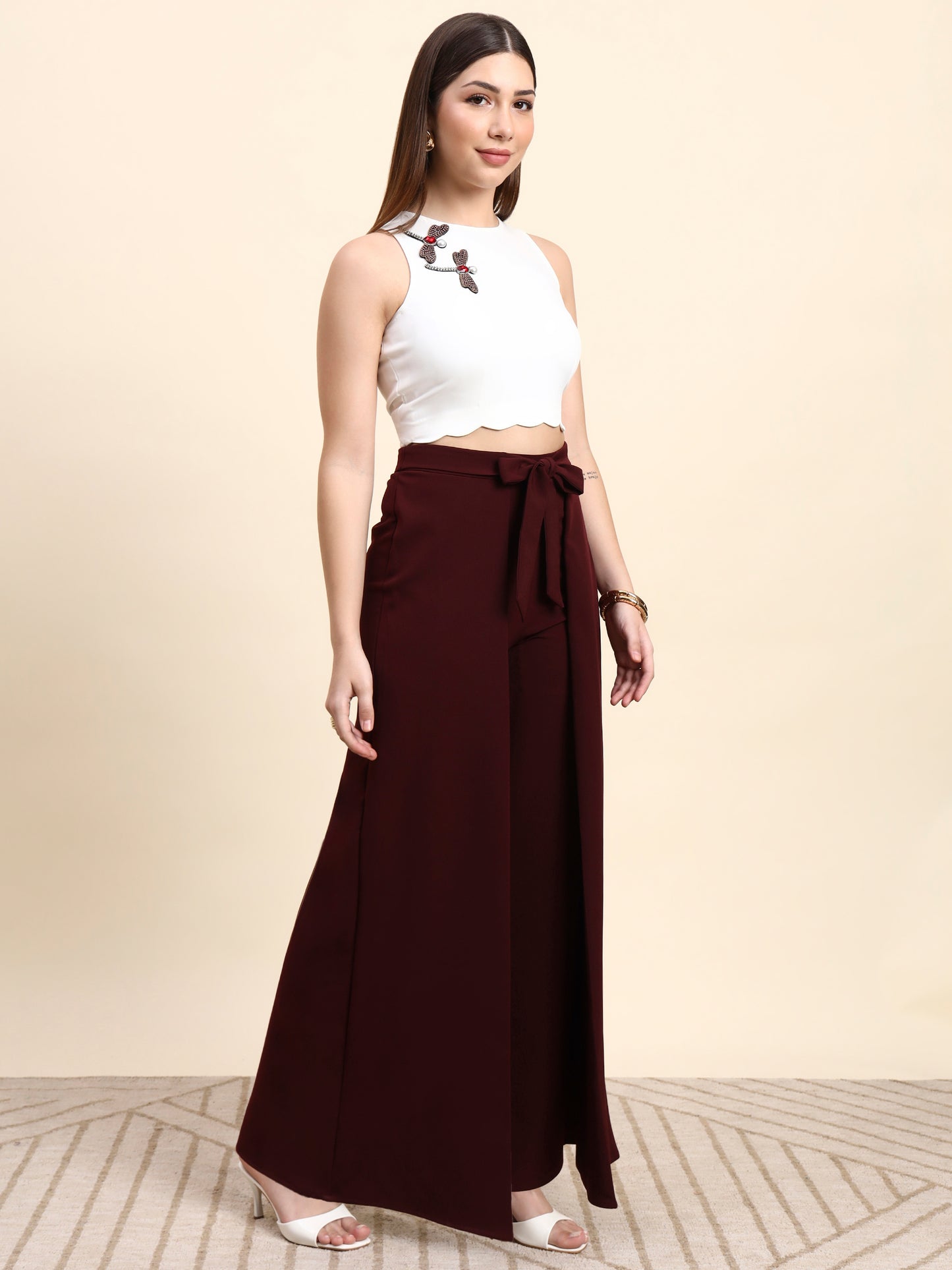 Ariya Threads Eclipse Wine Wide-Leg Co-ord Set (White & Wine)