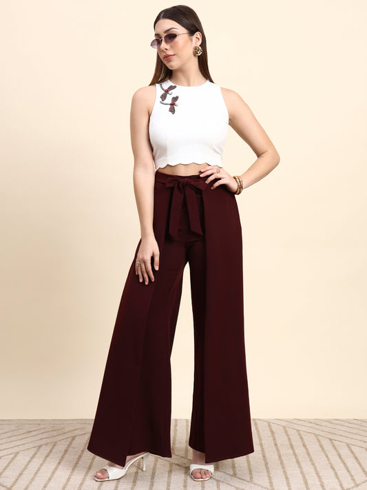 Ariya Threads Eclipse Wine Wide-Leg Co-ord Set (White & Wine)