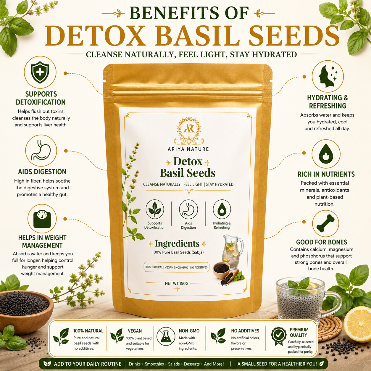 Ariya Nature Basil Seeds (Sabja) 150g | Premium Natural Sweet Basil Seeds