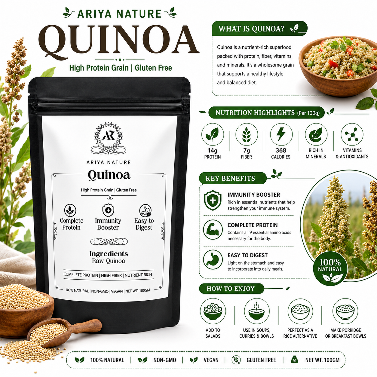 Ariya Nature Raw Quinoa 100g | Premium Gluten-Free High Protein Grain