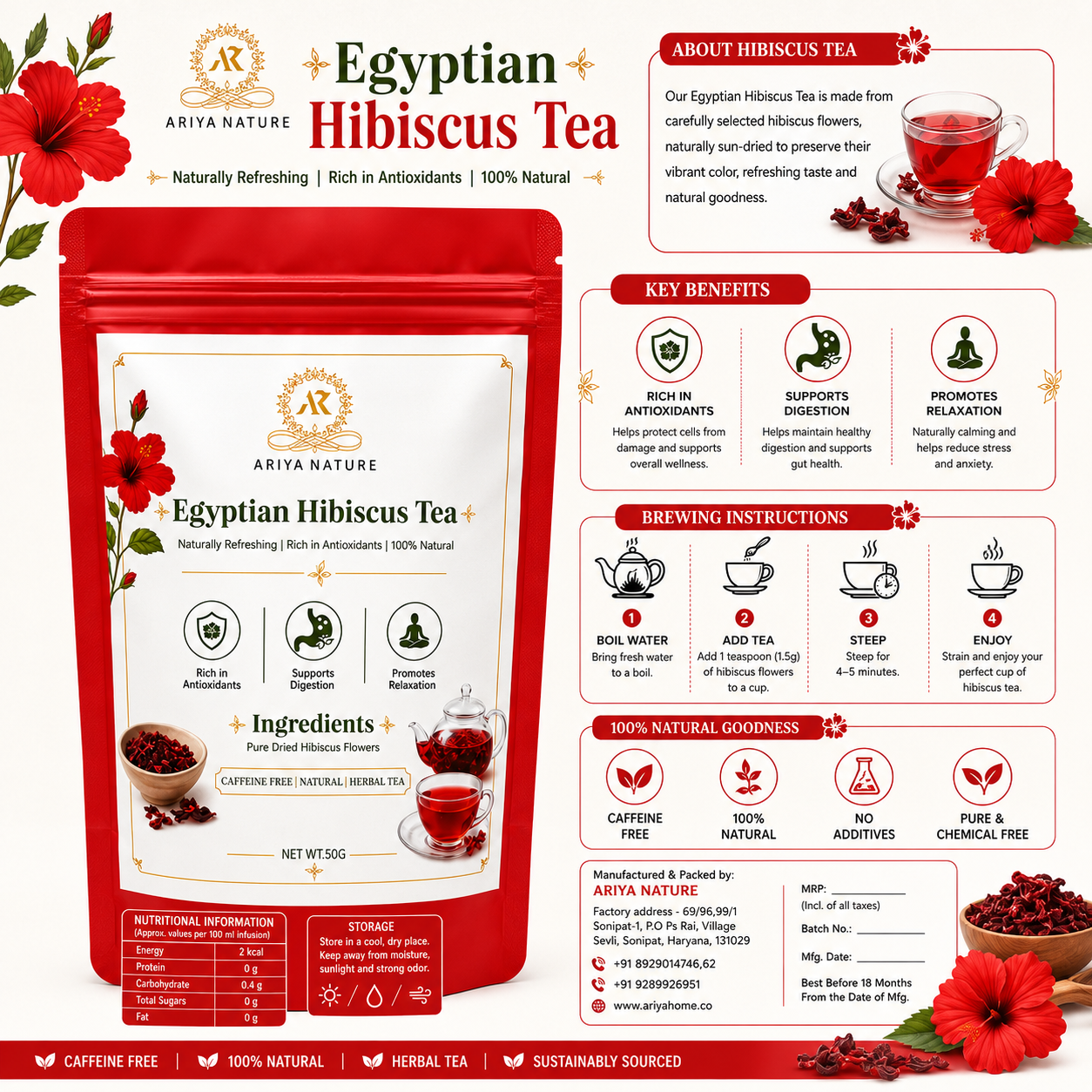 Ariya Nature Egyptian Hibiscus Tea 50g | Premium Natural Hibiscus Flower Tea