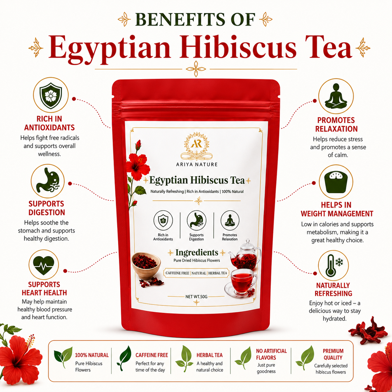 Ariya Nature Egyptian Hibiscus Tea 50g | Premium Natural Hibiscus Flower Tea