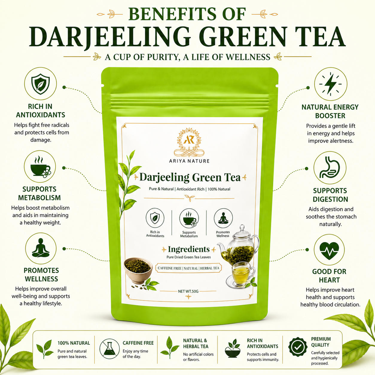 Ariya Nature Darjeeling Green Tea 50g | Premium Natural Green Tea Leaves
