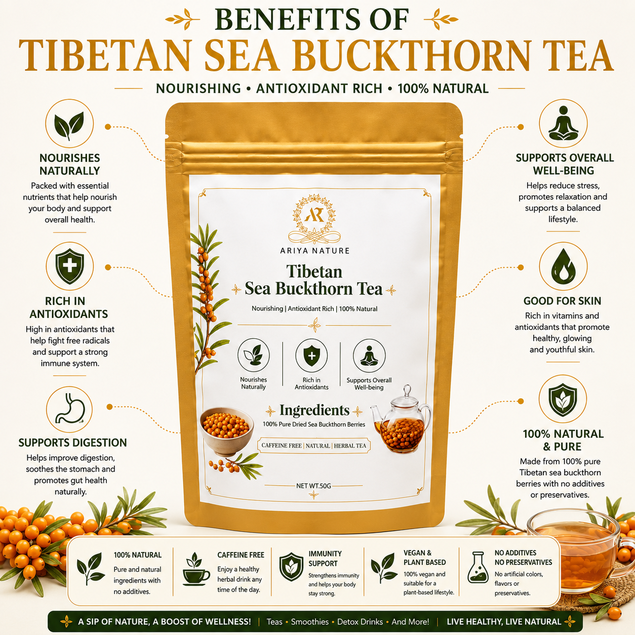 Ariya Nature Tibetan Sea Buckthorn Tea 50g | Premium Natural Herbal Tea