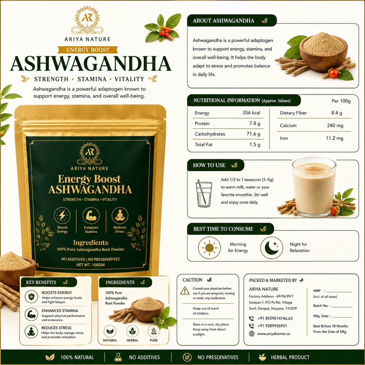 Ariya Nature Ashwagandha Root Powder 100g | Premium Natural Herbal Powder