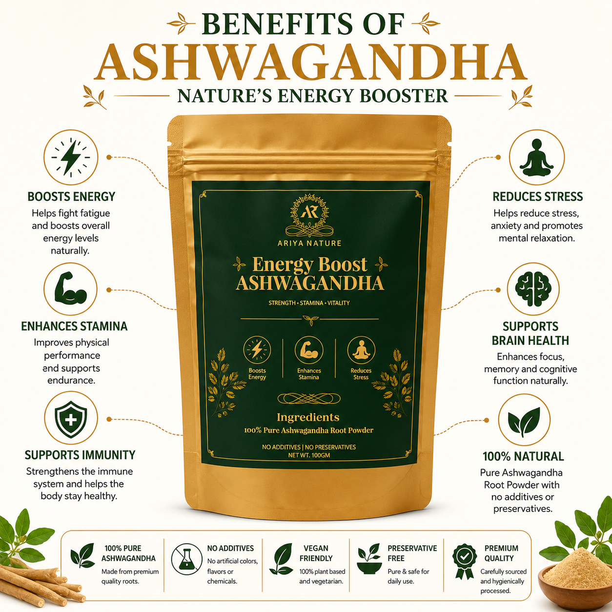 Ariya Nature Ashwagandha Root Powder 100g | Premium Natural Herbal Powder
