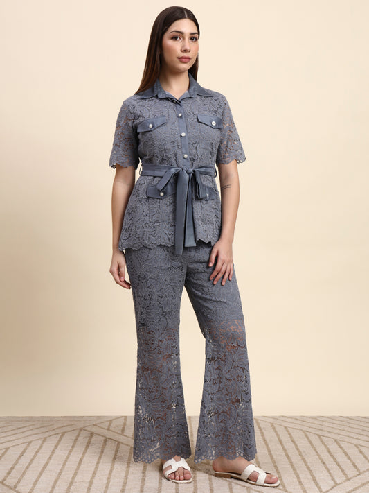 Ariya Threads Lace Shirt Co-ord Set (Slate Grey)