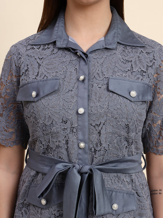 Ariya Threads Lace Shirt Co-ord Set (Slate Grey)