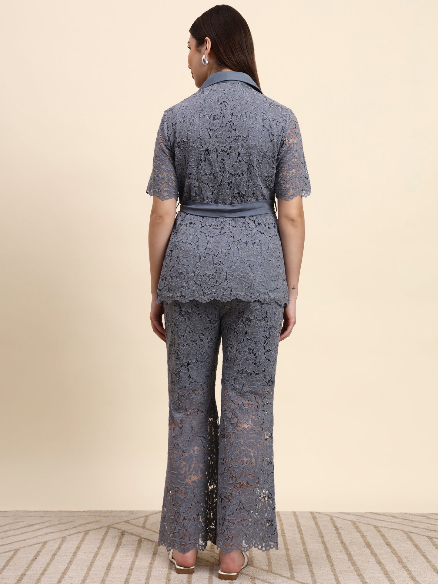 Ariya Threads Lace Shirt Co-ord Set (Slate Grey)