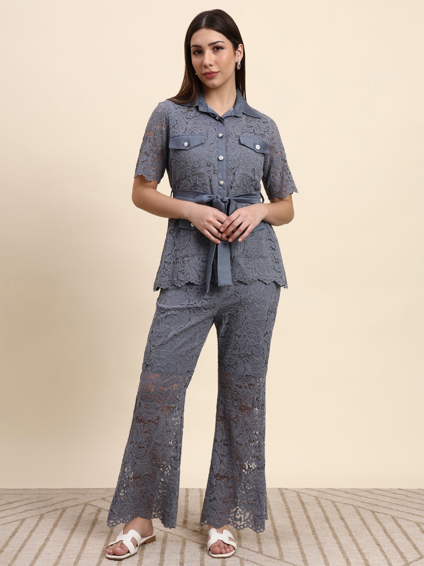 Ariya Threads Lace Shirt Co-ord Set (Slate Grey)