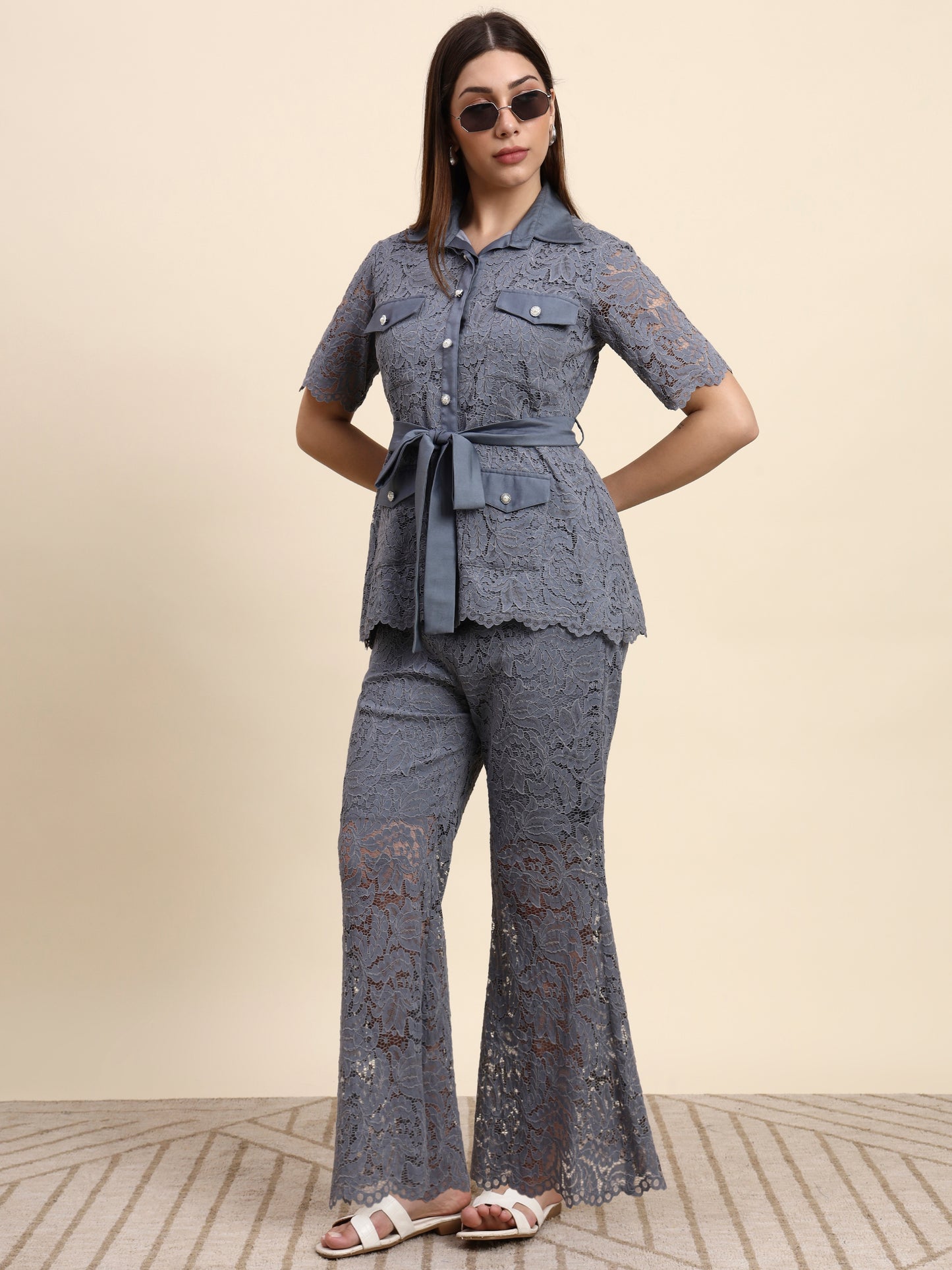 Ariya Threads Lace Shirt Co-ord Set (Slate Grey)