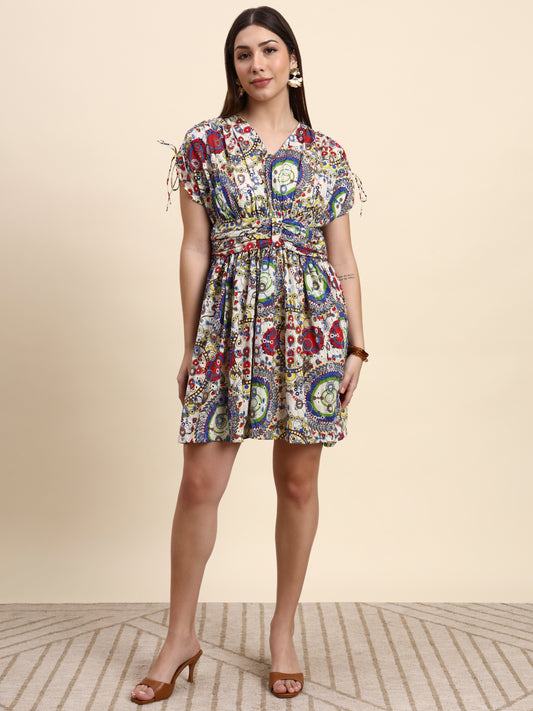 Aura Ivory Hakoba Embroidered Dress (Multi Print)