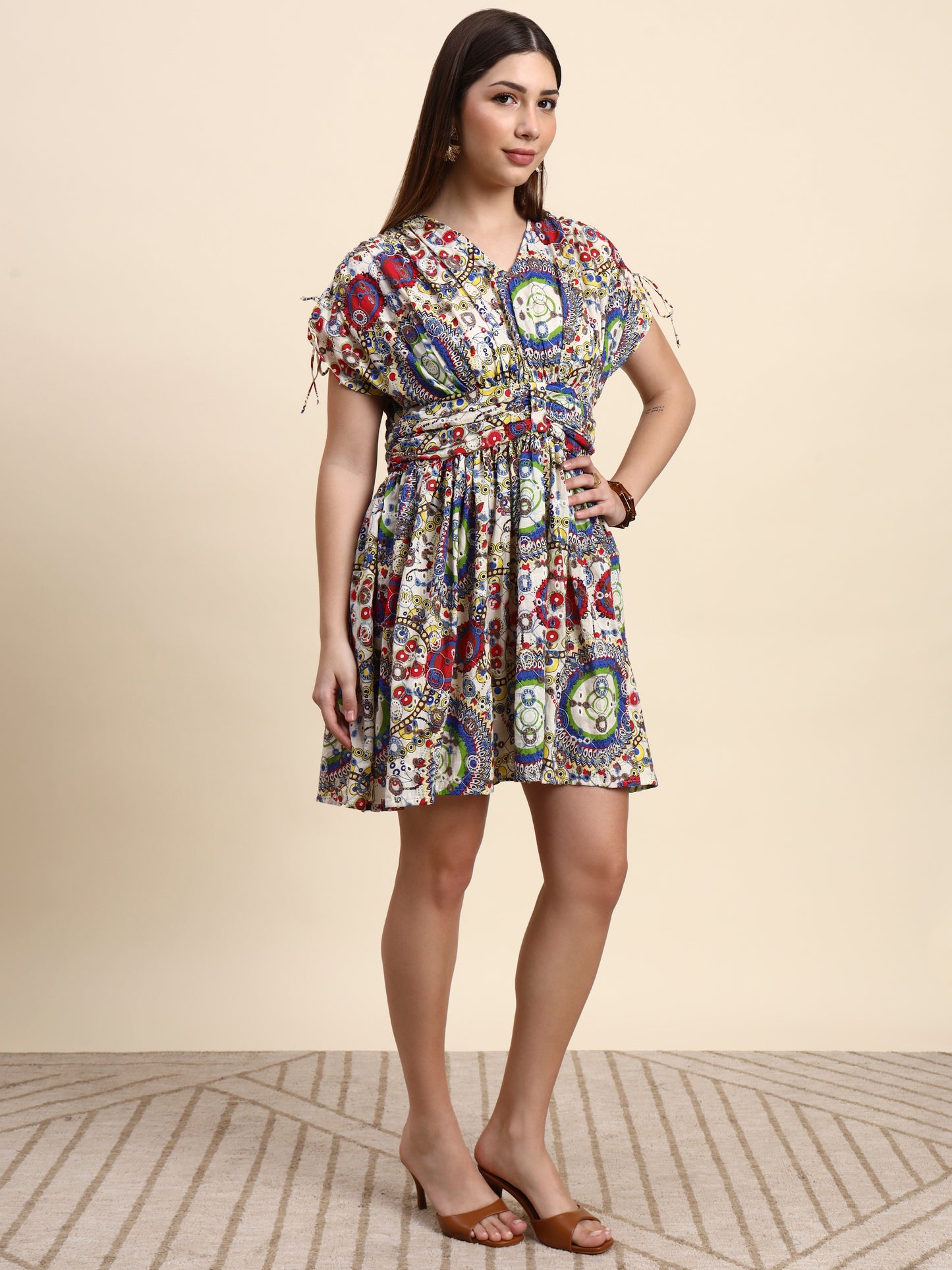 Aura Ivory Hakoba Embroidered Dress (Multi Print)