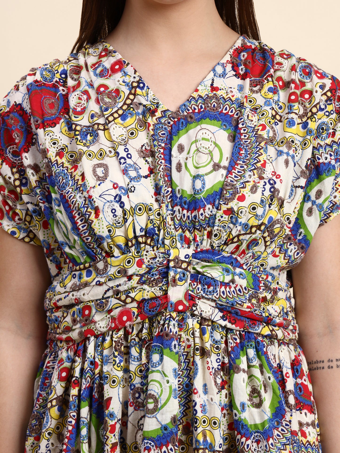 Aura Ivory Hakoba Embroidered Dress (Multi Print)