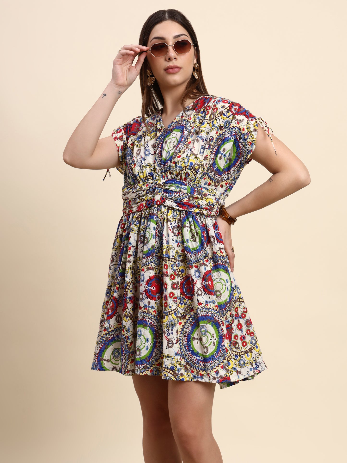 Aura Ivory Hakoba Embroidered Dress (Multi Print)