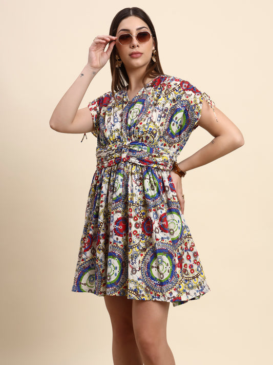 Aura Ivory Hakoba Embroidered Dress (Multi Print)
