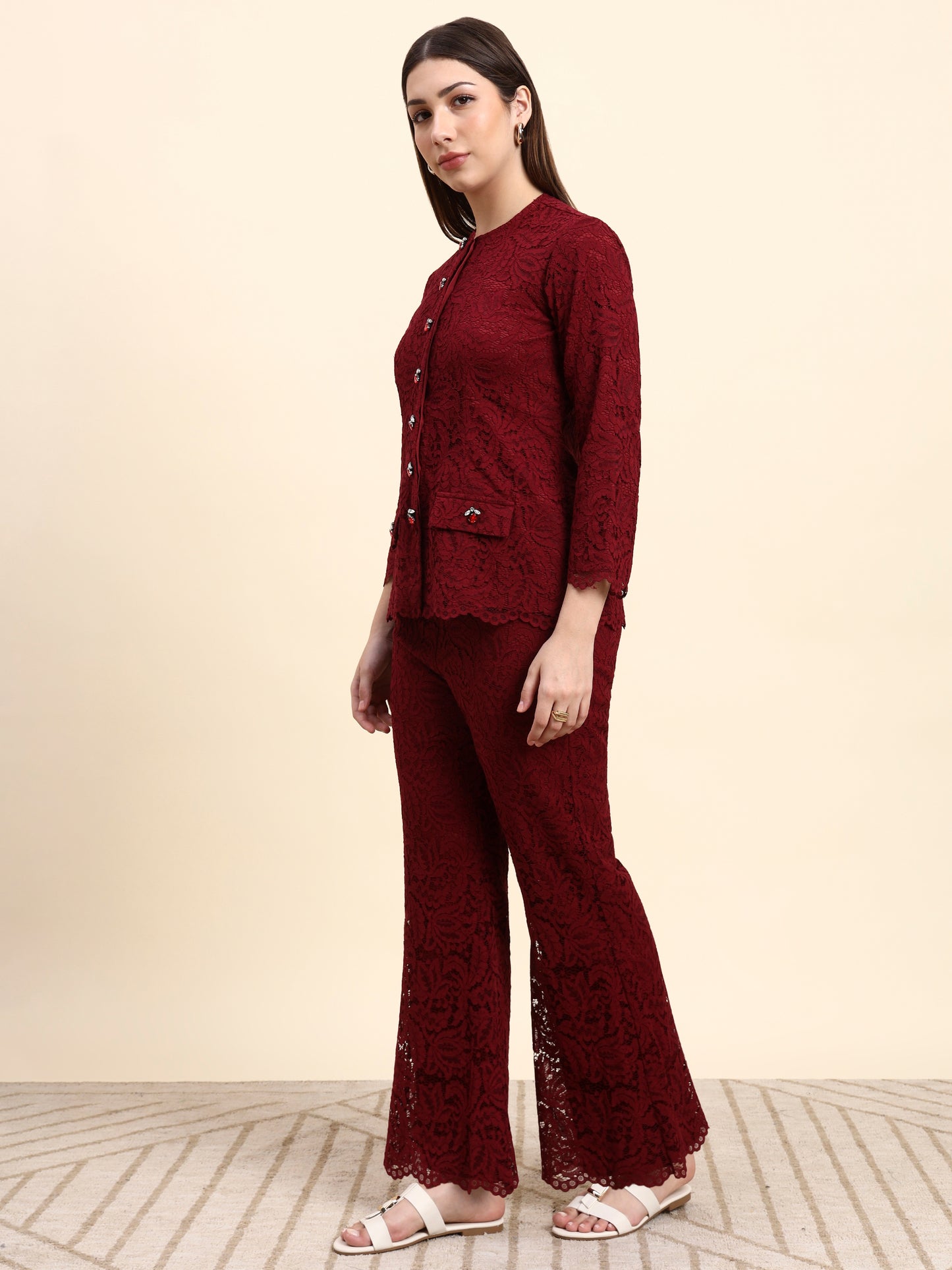 Ariya Threads Lace Shirt Co-ord Set (Wine Red)