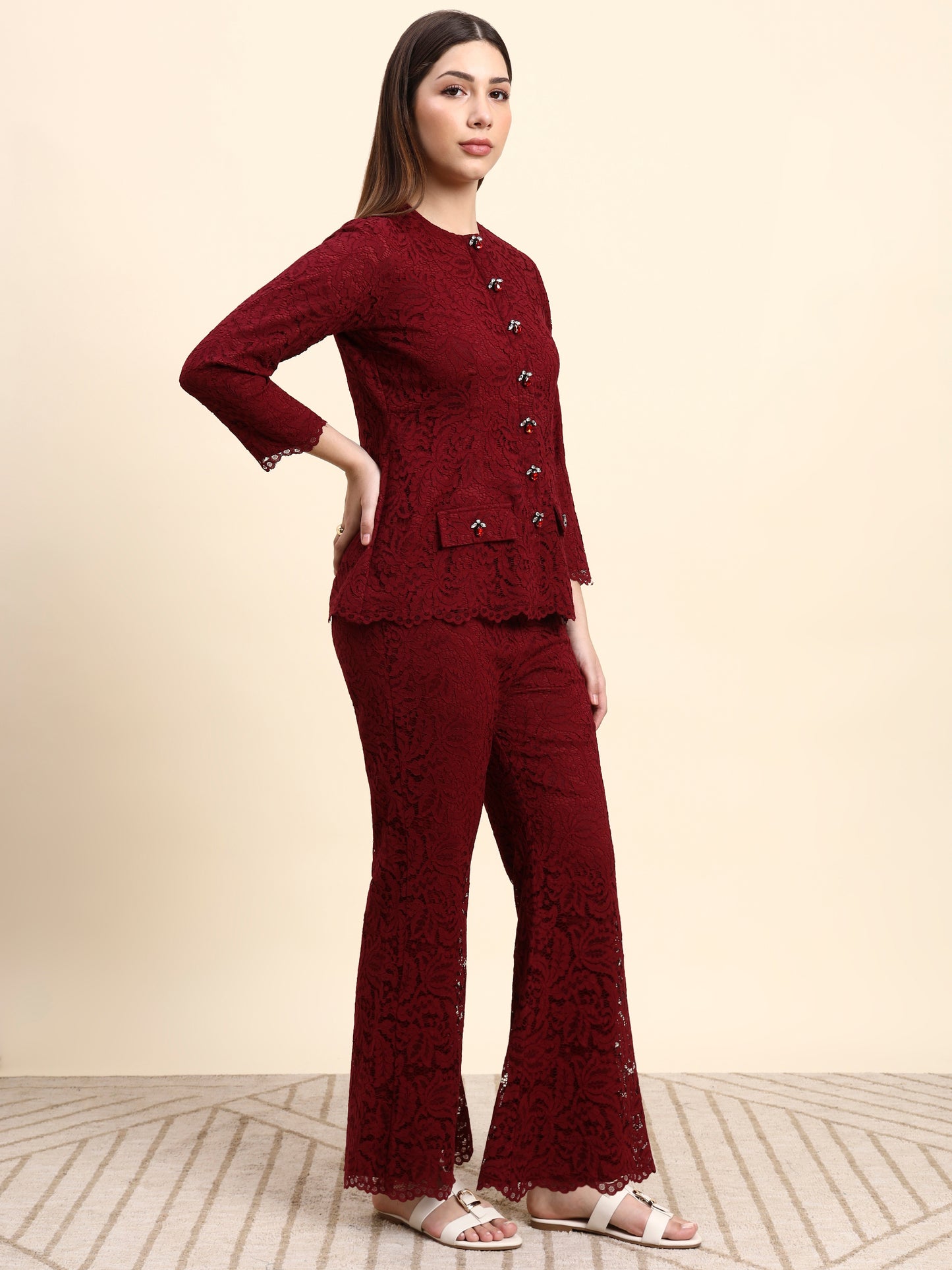 Ariya Threads Lace Shirt Co-ord Set (Wine Red)