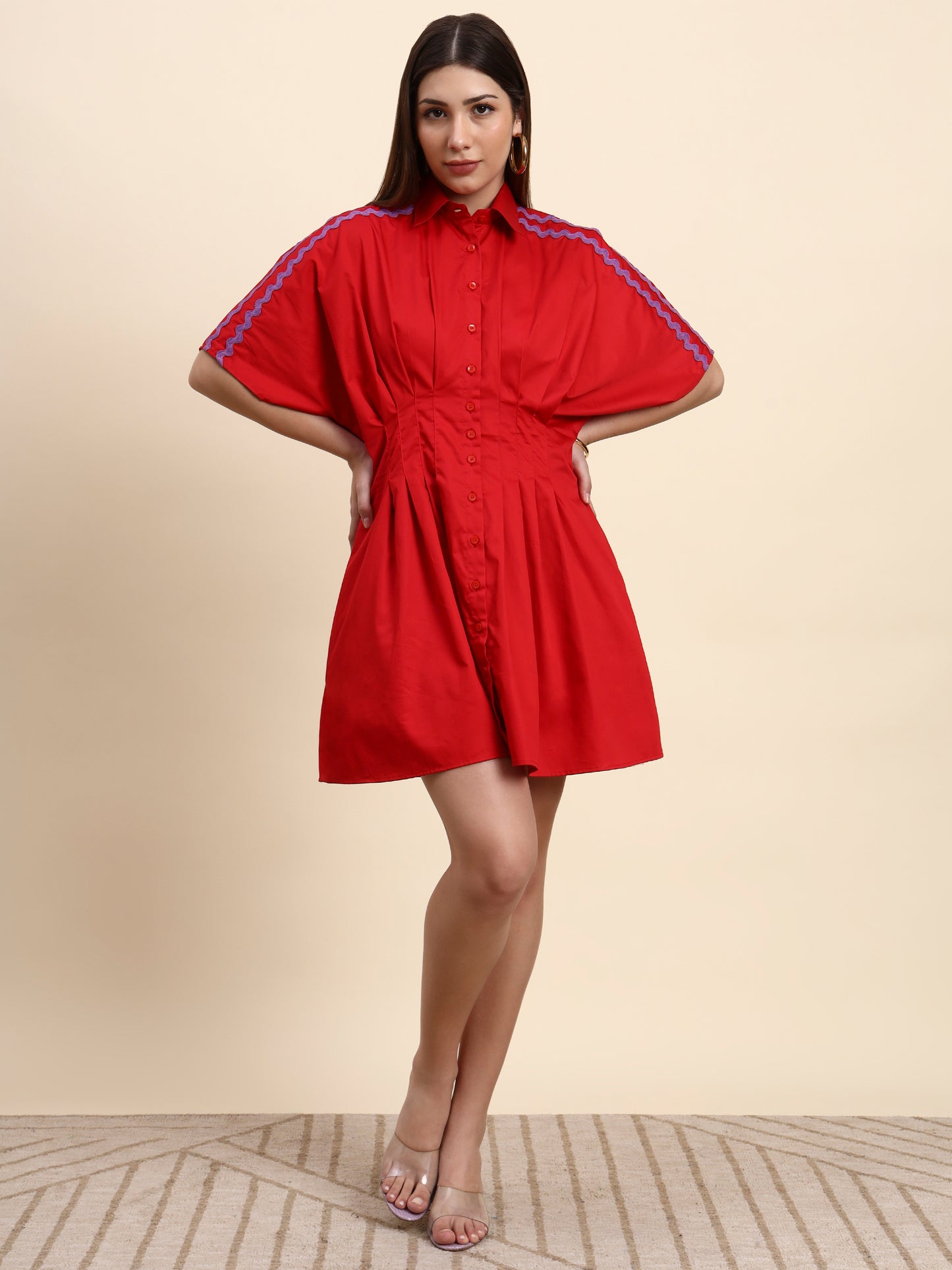 Ariya Threads Scarlet Pleated Shirt Dress (Cherry Red)