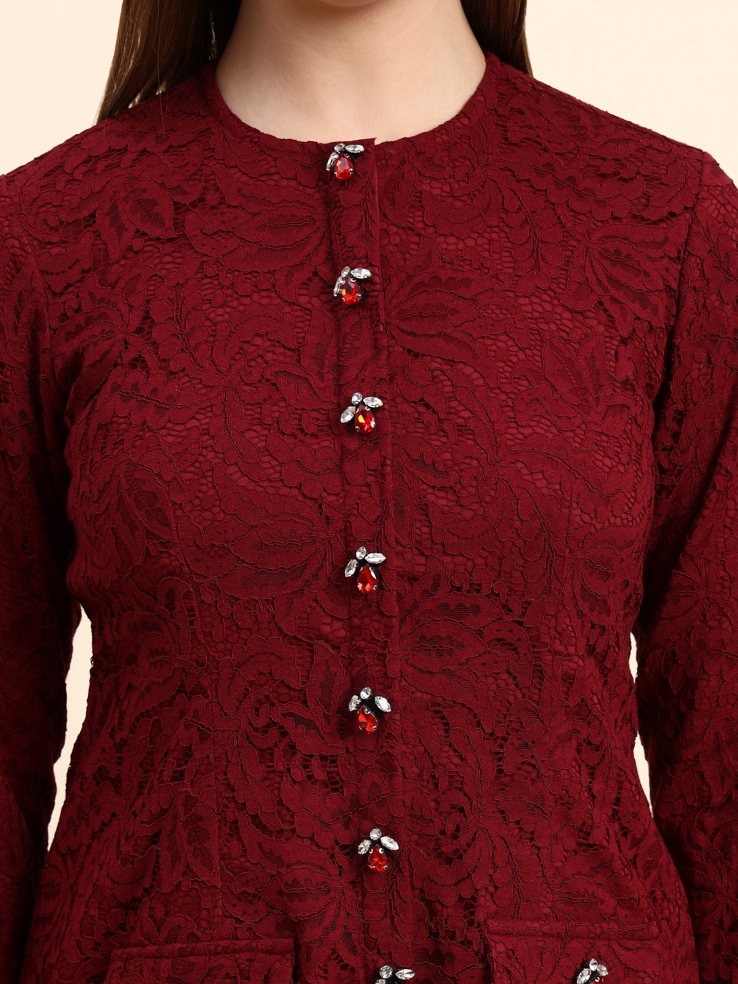 Ariya Threads Lace Shirt Co-ord Set (Wine Red)