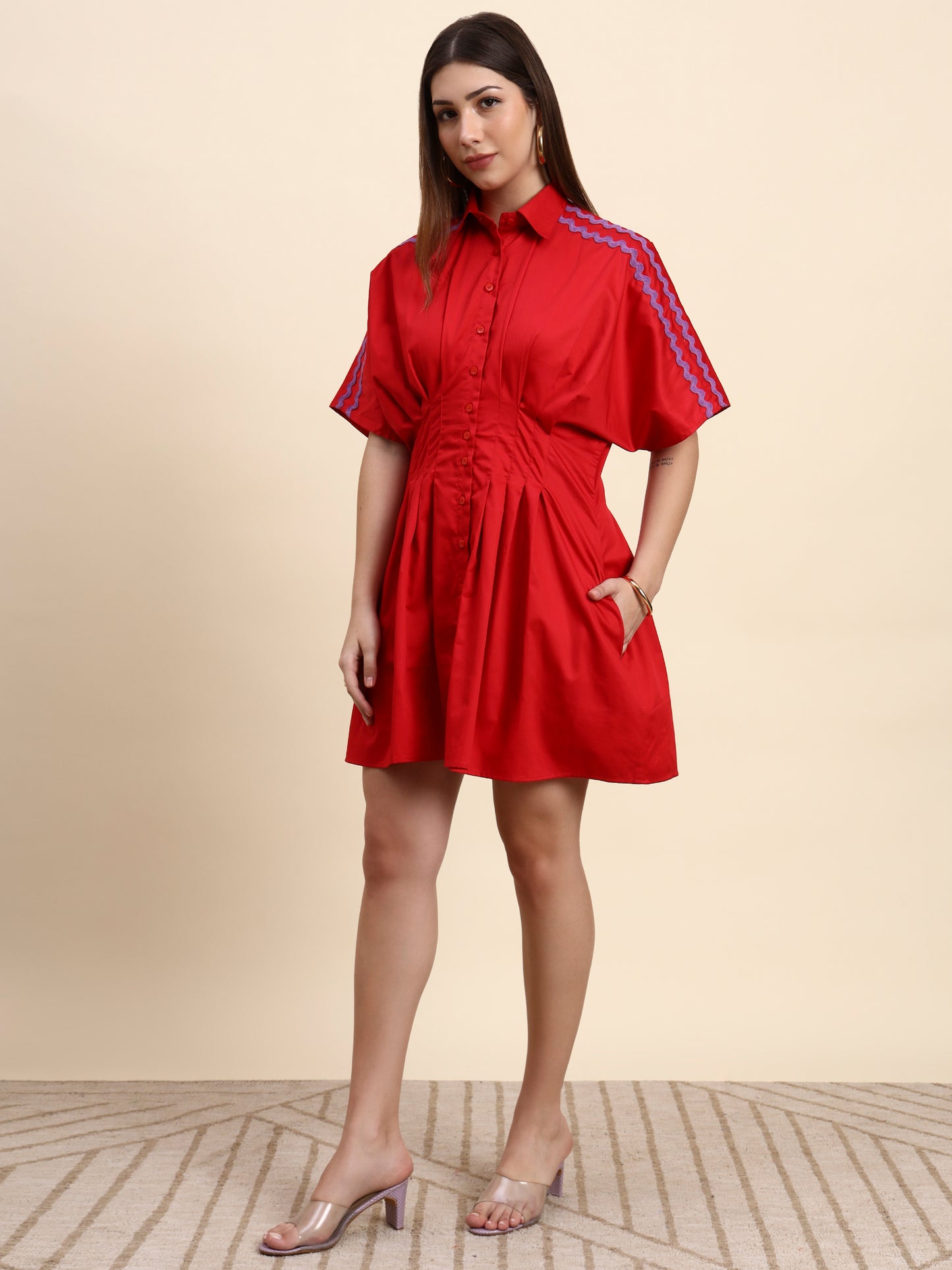 Ariya Threads Scarlet Pleated Shirt Dress (Cherry Red)