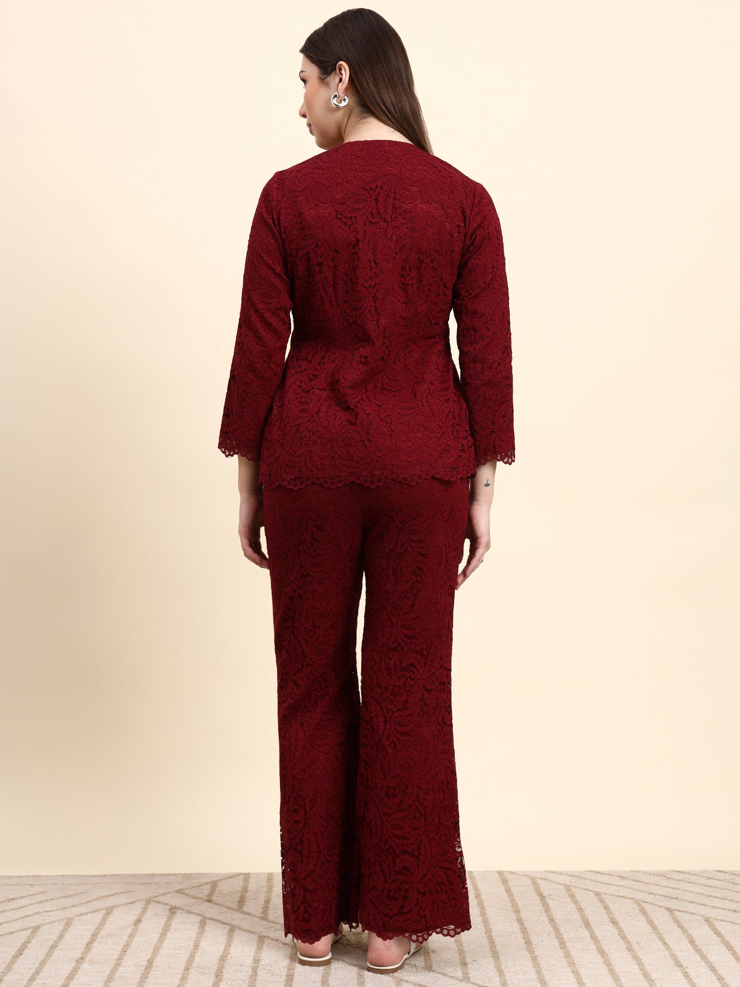 Ariya Threads Lace Shirt Co-ord Set (Wine Red)