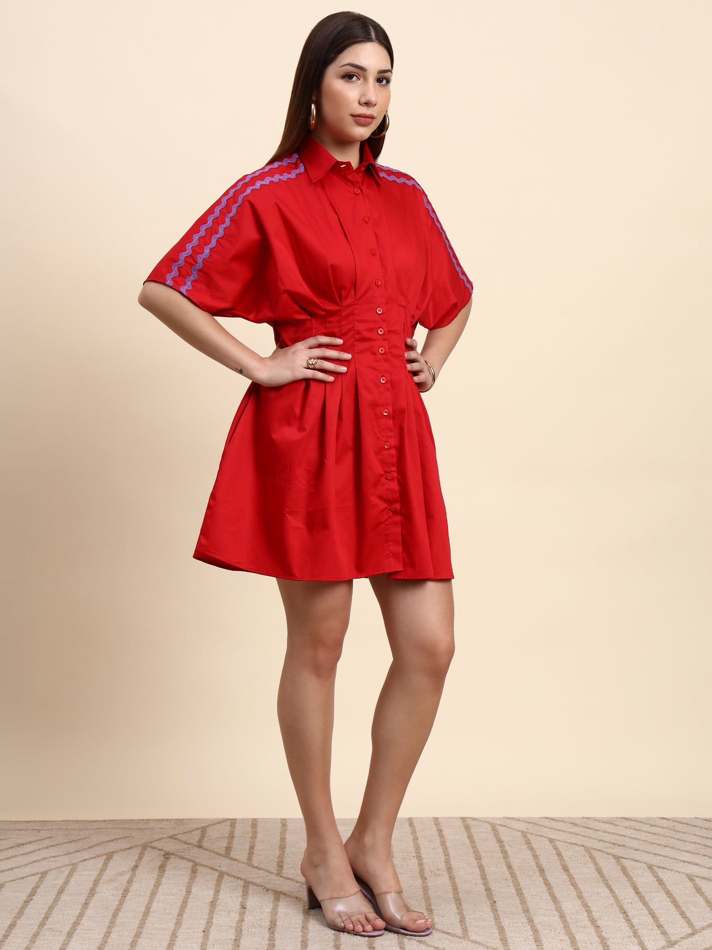 Ariya Threads Scarlet Pleated Shirt Dress (Cherry Red)