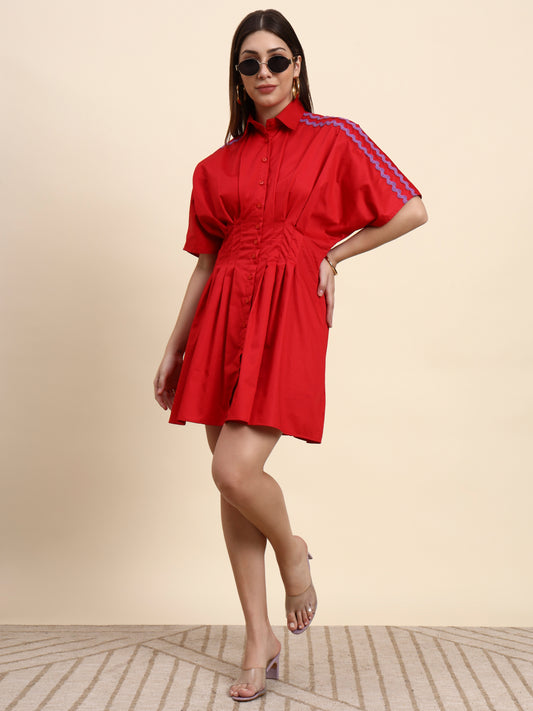 Ariya Threads Scarlet Pleated Shirt Dress (Cherry Red)