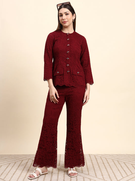 Ariya Threads Lace Shirt Co-ord Set (Wine Red)