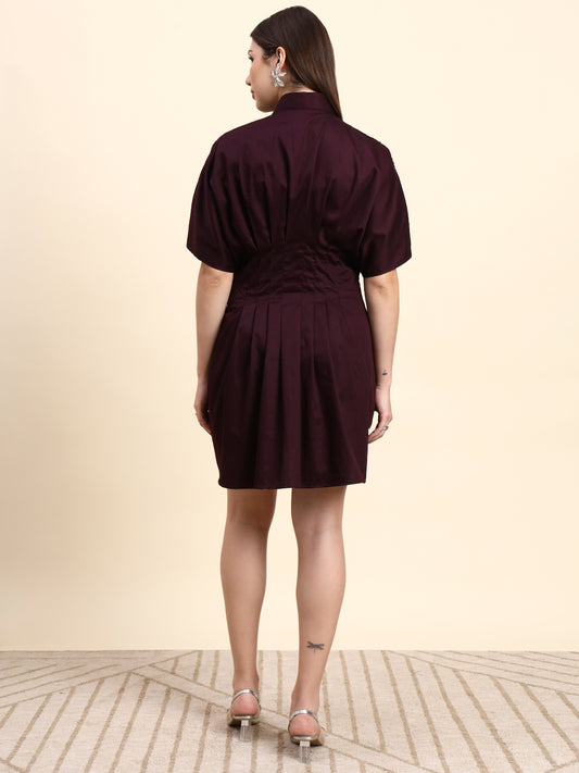 Ariya Threads Selene Pleated Shirt Dress (Wine Burgundy)