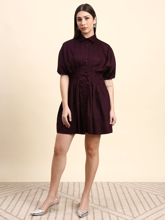 Ariya Threads Selene Pleated Shirt Dress (Wine Burgundy)