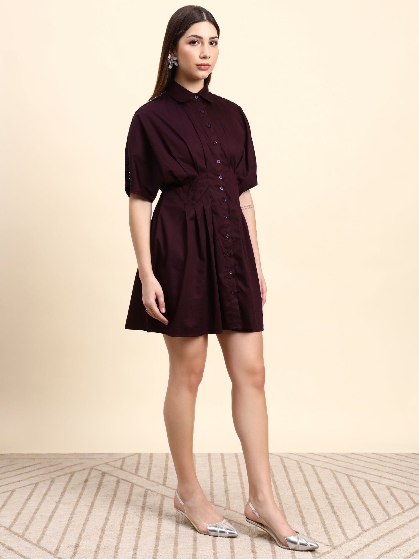 Ariya Threads Selene Pleated Shirt Dress (Wine Burgundy)
