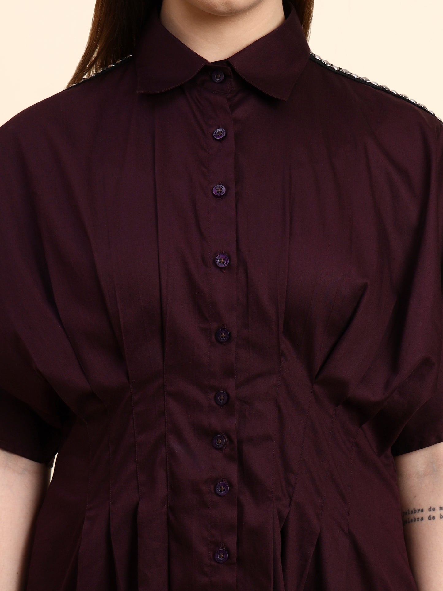 Ariya Threads Selene Pleated Shirt Dress (Wine Burgundy)